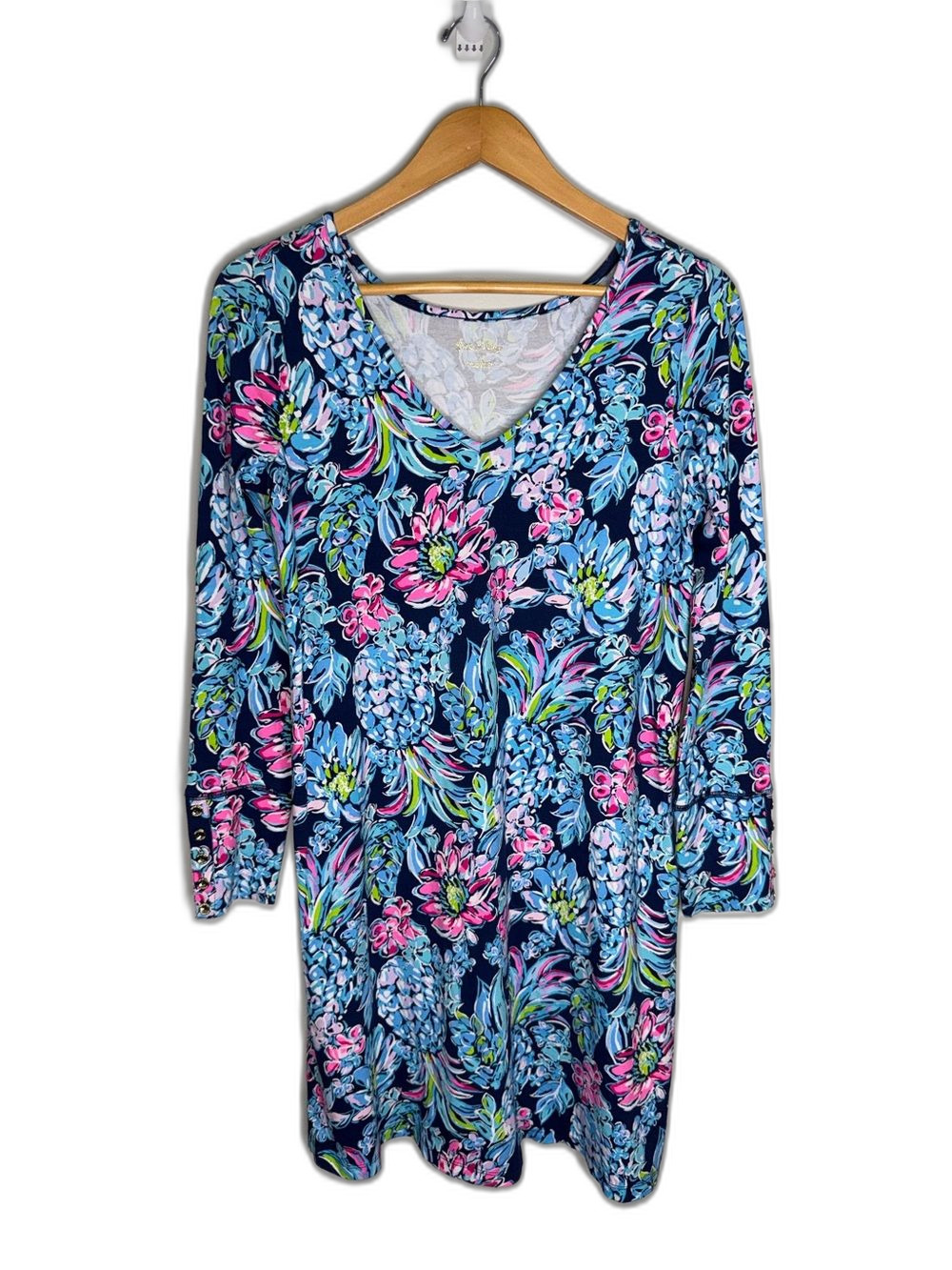 Lilly Pulitzer Paisley Dress Women’s Medium V-Neck Navy Floral !